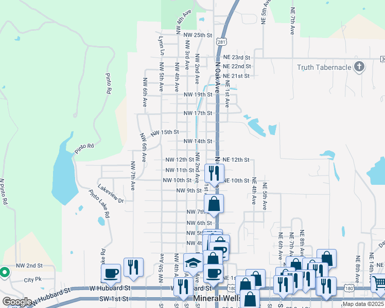 map of restaurants, bars, coffee shops, grocery stores, and more near 300 Northwest 12th Street in Mineral Wells