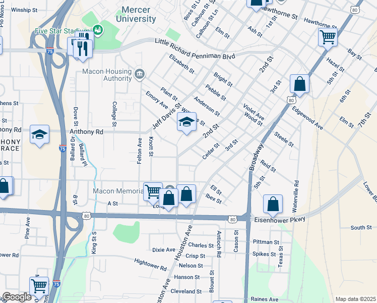 map of restaurants, bars, coffee shops, grocery stores, and more near 2216 2nd Street in Macon