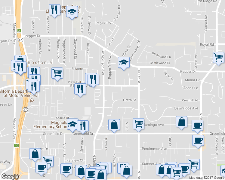 map of restaurants, bars, coffee shops, grocery stores, and more near 950 Gladys Street in El Cajon