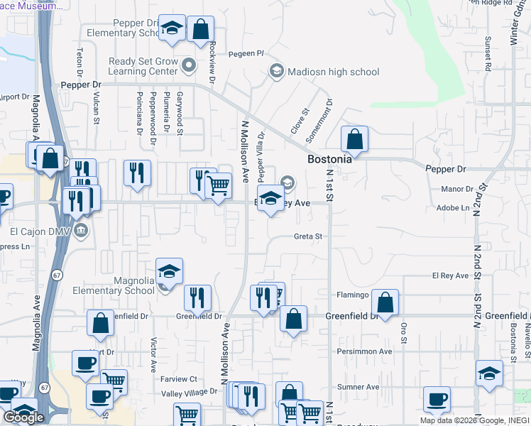map of restaurants, bars, coffee shops, grocery stores, and more near 950 Gladys Street in El Cajon