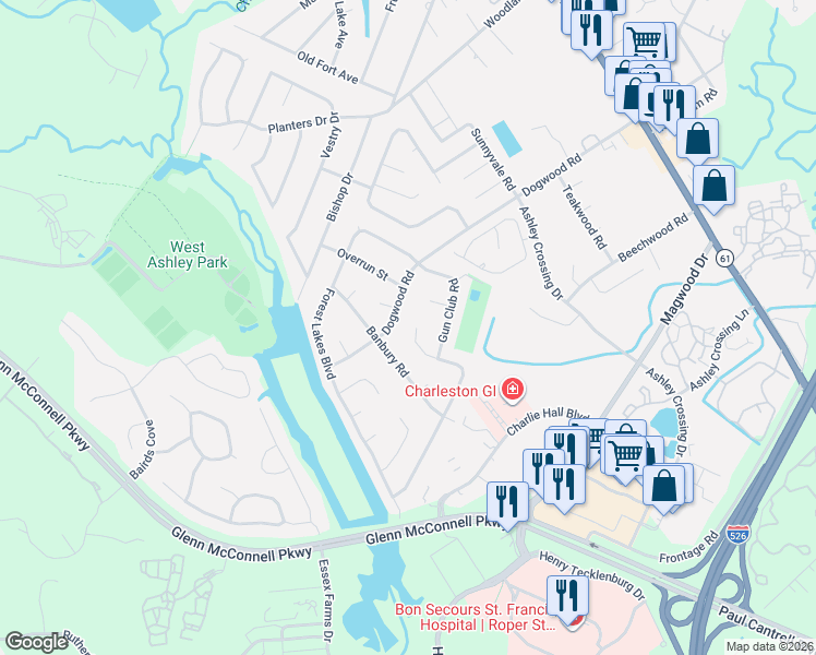 map of restaurants, bars, coffee shops, grocery stores, and more near 2067 Dogwood Road in Charleston