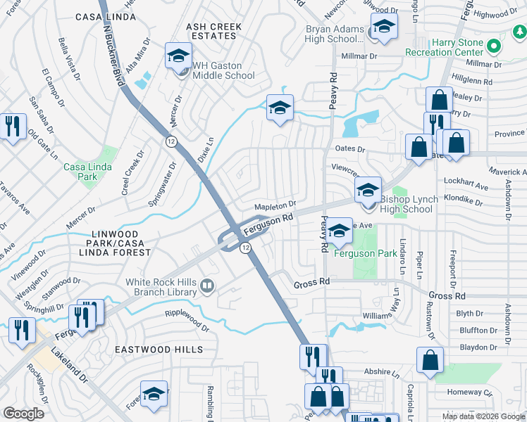 map of restaurants, bars, coffee shops, grocery stores, and more near 1544 Mapleton Drive in Dallas