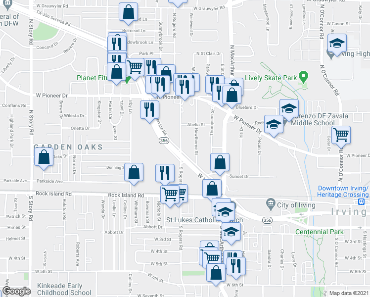 map of restaurants, bars, coffee shops, grocery stores, and more near 506 North Rogers Road in Irving