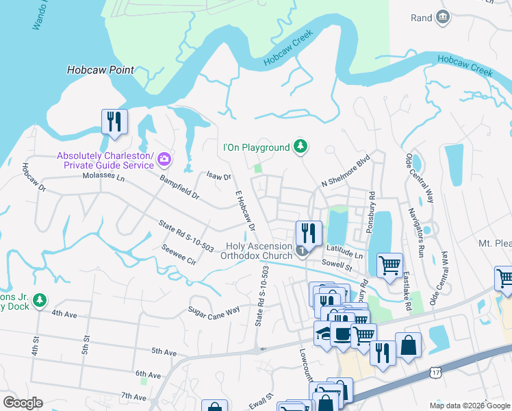map of restaurants, bars, coffee shops, grocery stores, and more near 62 Jane Jacobs Street in Mount Pleasant
