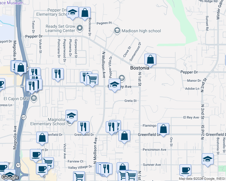 map of restaurants, bars, coffee shops, grocery stores, and more near 950 Gladys Street in El Cajon
