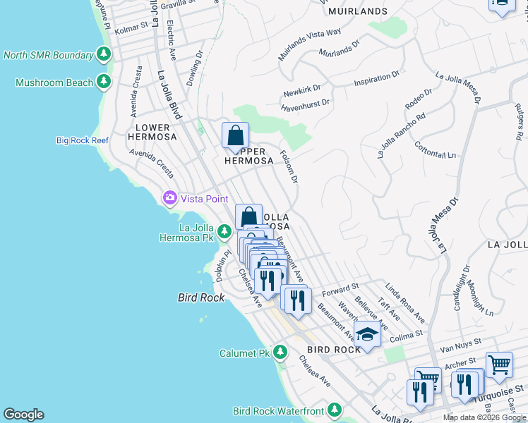 map of restaurants, bars, coffee shops, grocery stores, and more near in San Diego