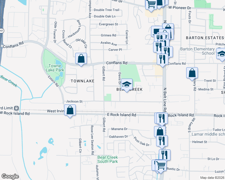 map of restaurants, bars, coffee shops, grocery stores, and more near 411 Davis Drive in Irving
