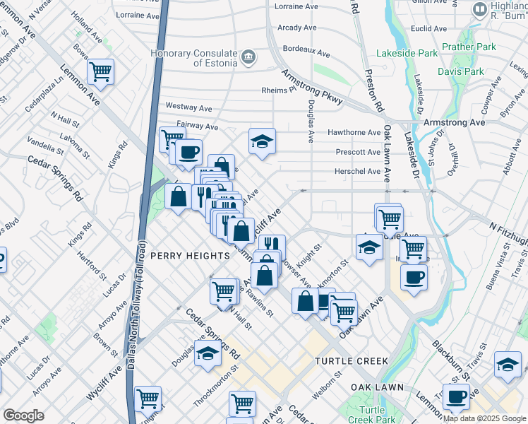 map of restaurants, bars, coffee shops, grocery stores, and more near 4331 Holland Avenue in Dallas
