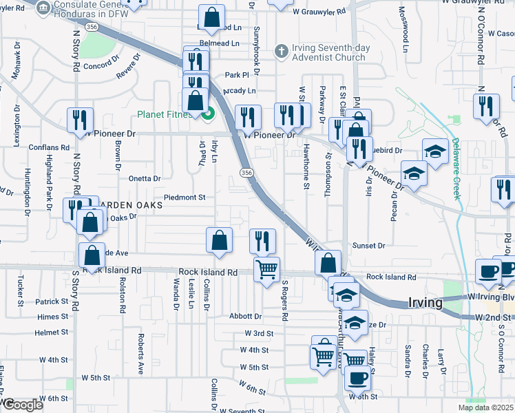 map of restaurants, bars, coffee shops, grocery stores, and more near 1512 West Irving Boulevard in Irving
