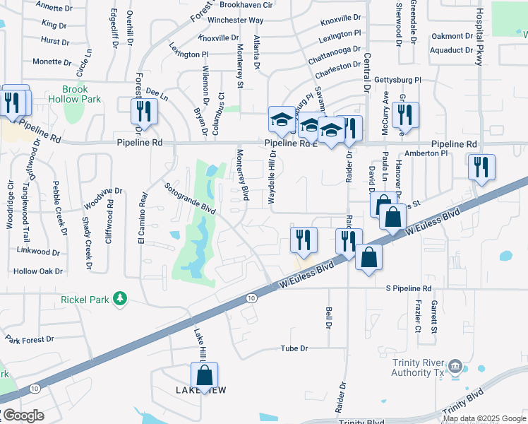map of restaurants, bars, coffee shops, grocery stores, and more near 1339 Monterrey Boulevard in Euless