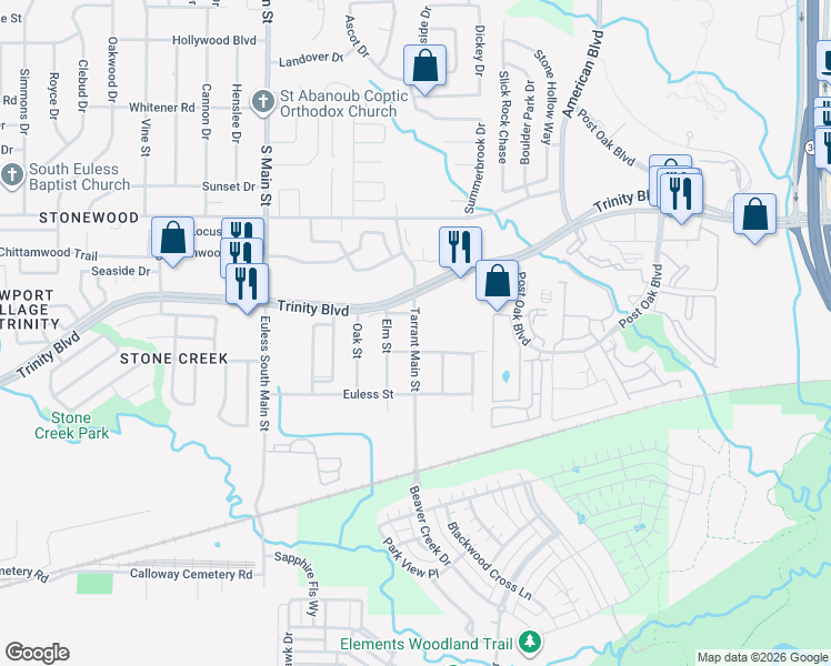 map of restaurants, bars, coffee shops, grocery stores, and more near 3813 Tarrant Main Street in Euless