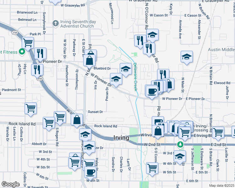 map of restaurants, bars, coffee shops, grocery stores, and more near 722 West Pioneer Drive in Irving