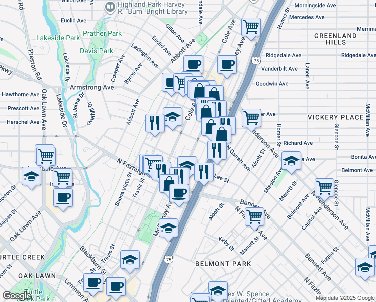 map of restaurants, bars, coffee shops, grocery stores, and more near 4323 McKinney Avenue in Dallas