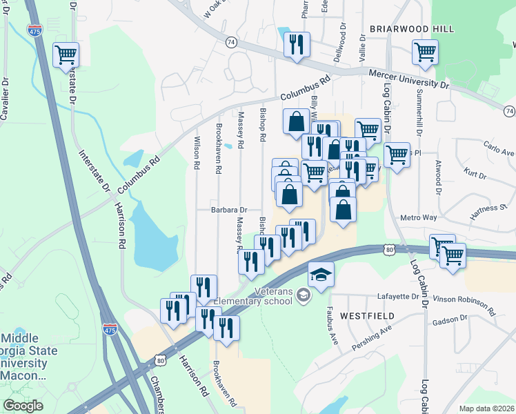 map of restaurants, bars, coffee shops, grocery stores, and more near 4669 Bishop Road in Macon