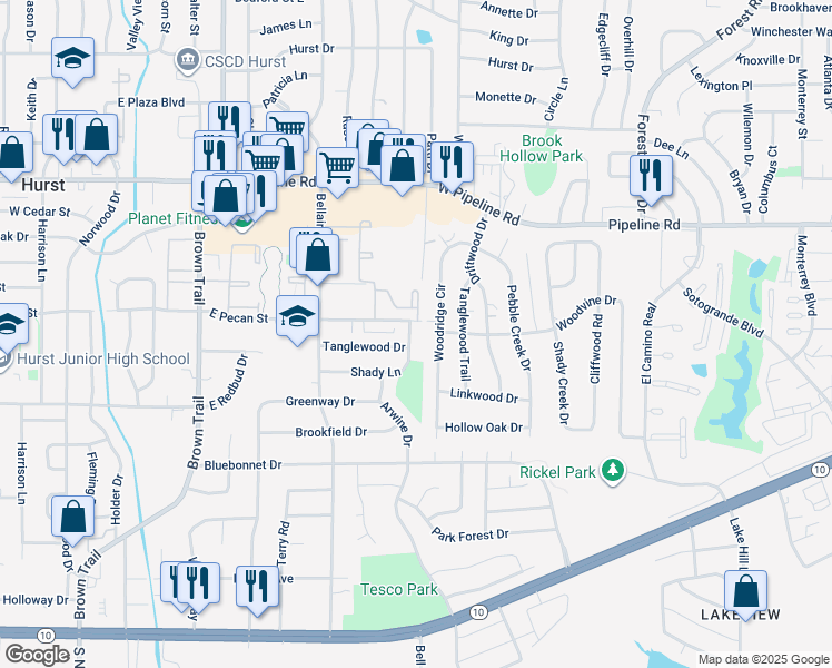 map of restaurants, bars, coffee shops, grocery stores, and more near 776 Shady Lane in Hurst
