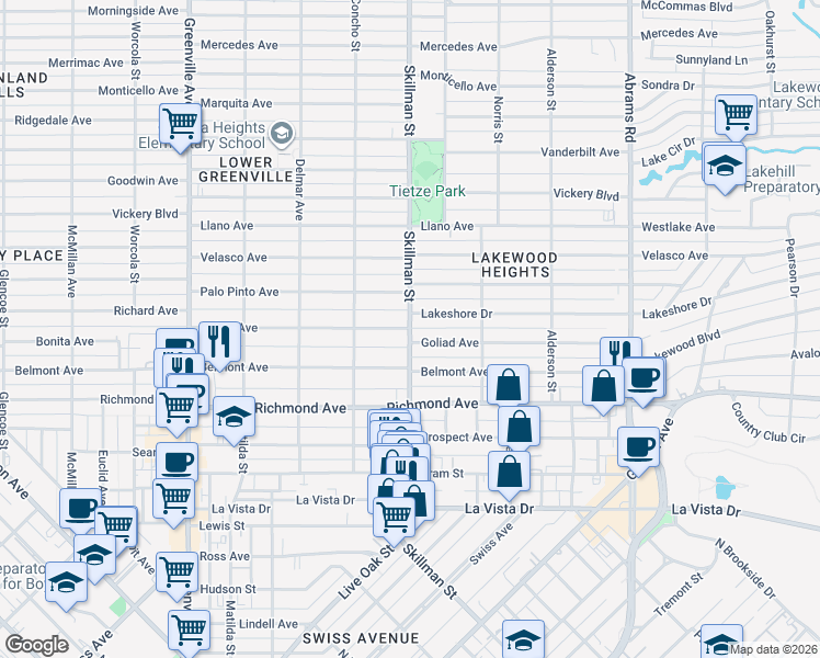 map of restaurants, bars, coffee shops, grocery stores, and more near Skillman St & Goliad Ave in Dallas