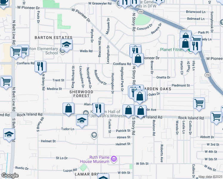 map of restaurants, bars, coffee shops, grocery stores, and more near 2601 Yorkshire Street in Irving