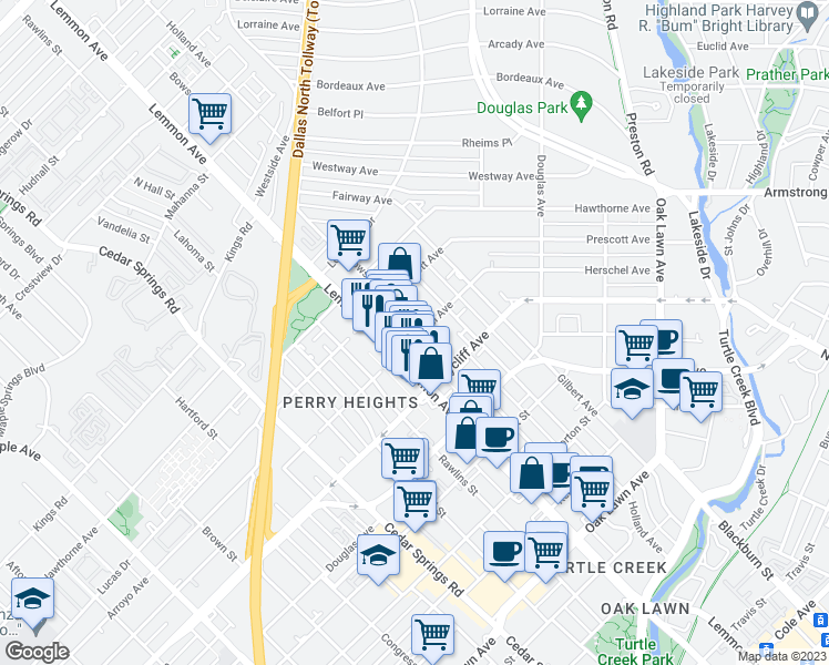 map of restaurants, bars, coffee shops, grocery stores, and more near 4411 Bowser Avenue in Dallas