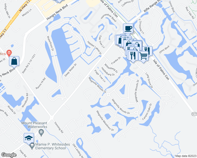 map of restaurants, bars, coffee shops, grocery stores, and more near 1843 Rifle Range Road in Mount Pleasant