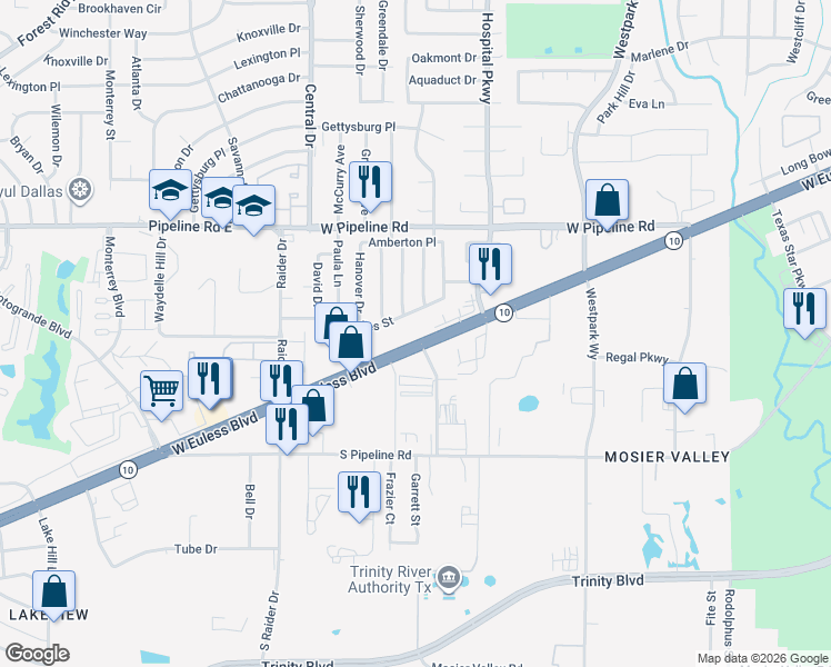 map of restaurants, bars, coffee shops, grocery stores, and more near 2740 Texas 10 in Euless