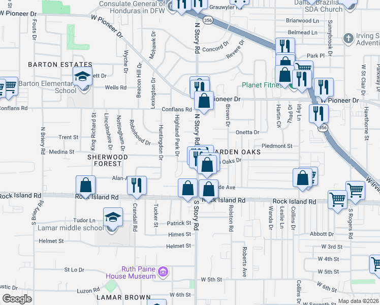 map of restaurants, bars, coffee shops, grocery stores, and more near 327 North Story Road in Irving