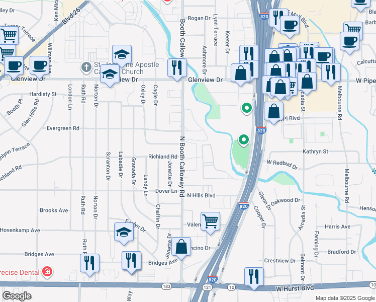 map of restaurants, bars, coffee shops, grocery stores, and more near 612 North Booth Calloway Road in Hurst