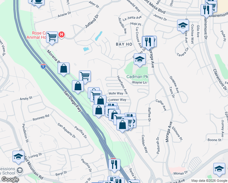 map of restaurants, bars, coffee shops, grocery stores, and more near 3027 Hunrichs Way in San Diego