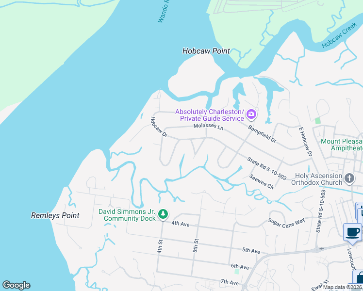 map of restaurants, bars, coffee shops, grocery stores, and more near 206 Molasses Lane in Mount Pleasant