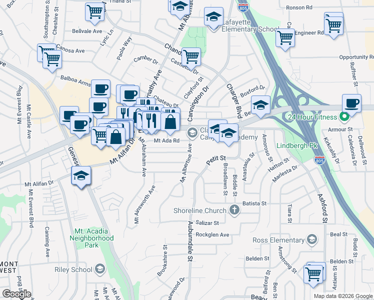 map of restaurants, bars, coffee shops, grocery stores, and more near 6506 Mount Ackerman Drive in San Diego