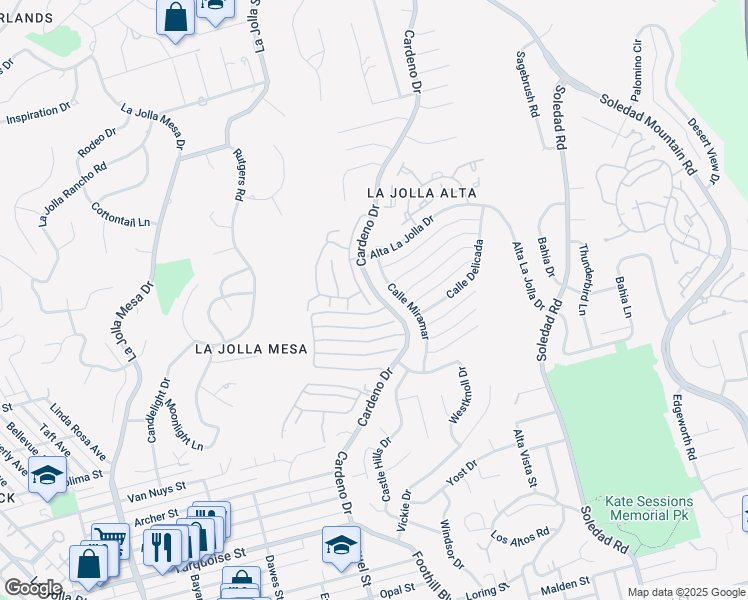 map of restaurants, bars, coffee shops, grocery stores, and more near 5710 Caminito Empresa in San Diego