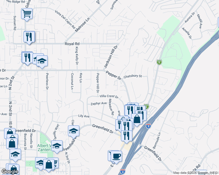 map of restaurants, bars, coffee shops, grocery stores, and more near 1663 Pepper Drive in El Cajon