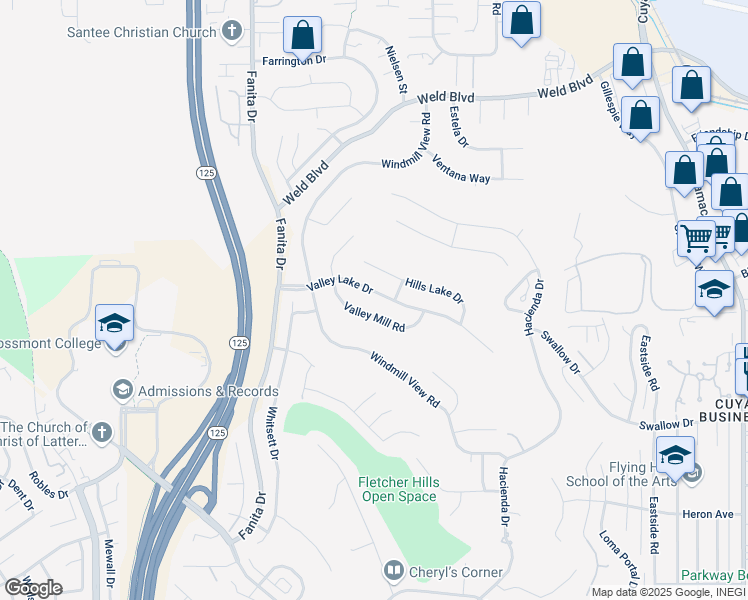 map of restaurants, bars, coffee shops, grocery stores, and more near 2260 Valley Mill Road in El Cajon
