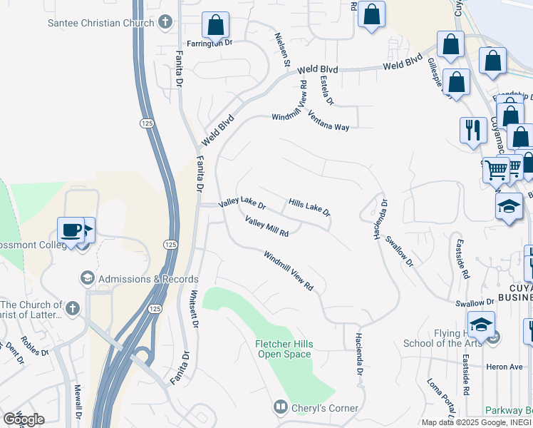 map of restaurants, bars, coffee shops, grocery stores, and more near 2260 Valley Mill Road in El Cajon