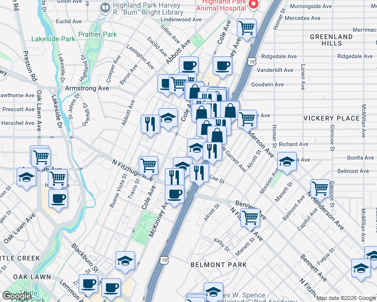 map of restaurants, bars, coffee shops, grocery stores, and more near 4312 McKinney Avenue in Dallas