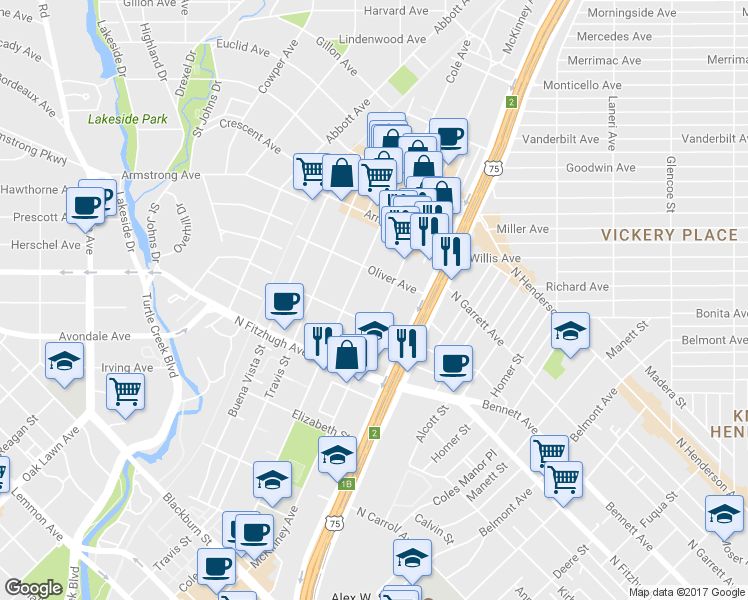map of restaurants, bars, coffee shops, grocery stores, and more near 4307 McKinney Avenue in Dallas