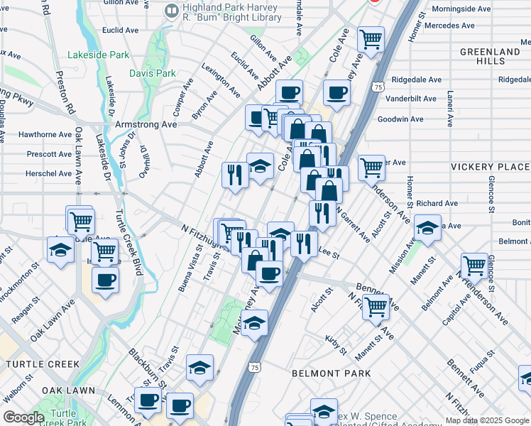 map of restaurants, bars, coffee shops, grocery stores, and more near 4307 McKinney Avenue in Dallas