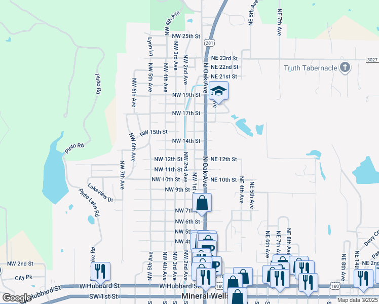map of restaurants, bars, coffee shops, grocery stores, and more near 1314 Northwest 1st Avenue in Mineral Wells