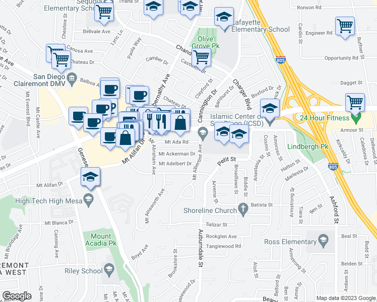 map of restaurants, bars, coffee shops, grocery stores, and more near 6506 Mount Ackerman Drive in San Diego
