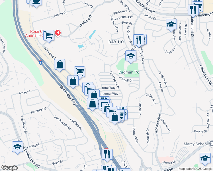 map of restaurants, bars, coffee shops, grocery stores, and more near 3027 Hunrichs Way in San Diego