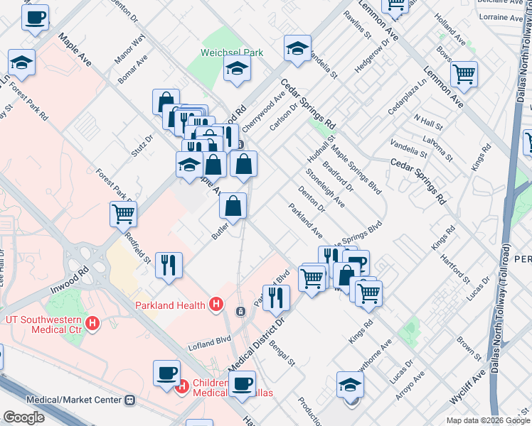 map of restaurants, bars, coffee shops, grocery stores, and more near in Dallas