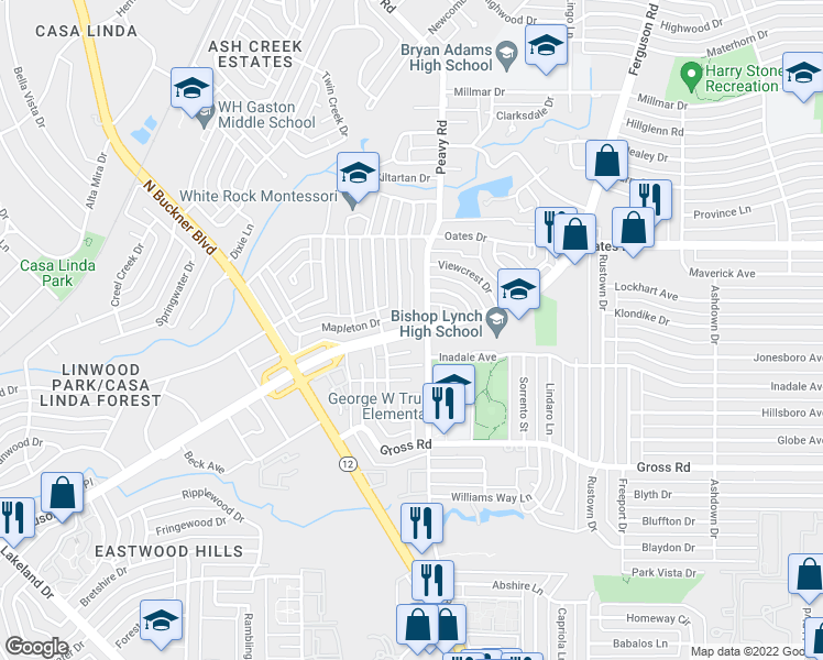 map of restaurants, bars, coffee shops, grocery stores, and more near Ferguson Road in Dallas