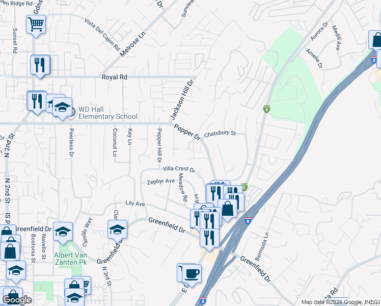 map of restaurants, bars, coffee shops, grocery stores, and more near 1663 Pepper Drive in El Cajon