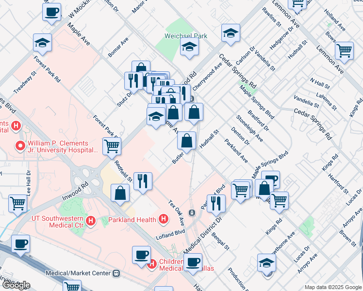 map of restaurants, bars, coffee shops, grocery stores, and more near 5415 Maple Avenue in Dallas
