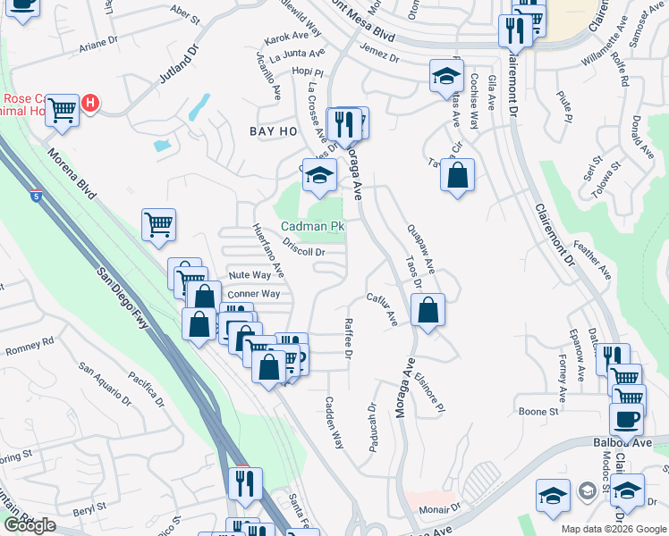 map of restaurants, bars, coffee shops, grocery stores, and more near 3199 Fryden Court in San Diego