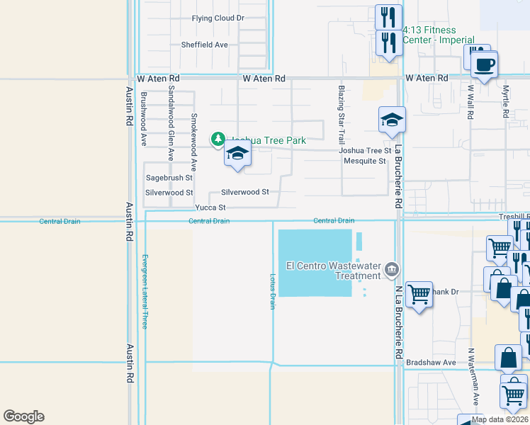 map of restaurants, bars, coffee shops, grocery stores, and more near 606 Yucca Street in Imperial