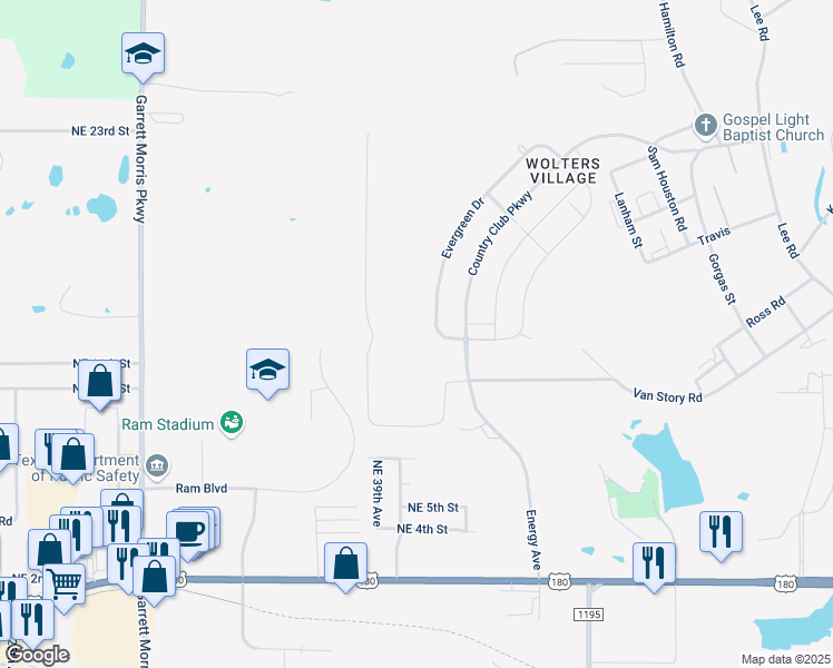 map of restaurants, bars, coffee shops, grocery stores, and more near 129131 Evergreen in Mineral Wells