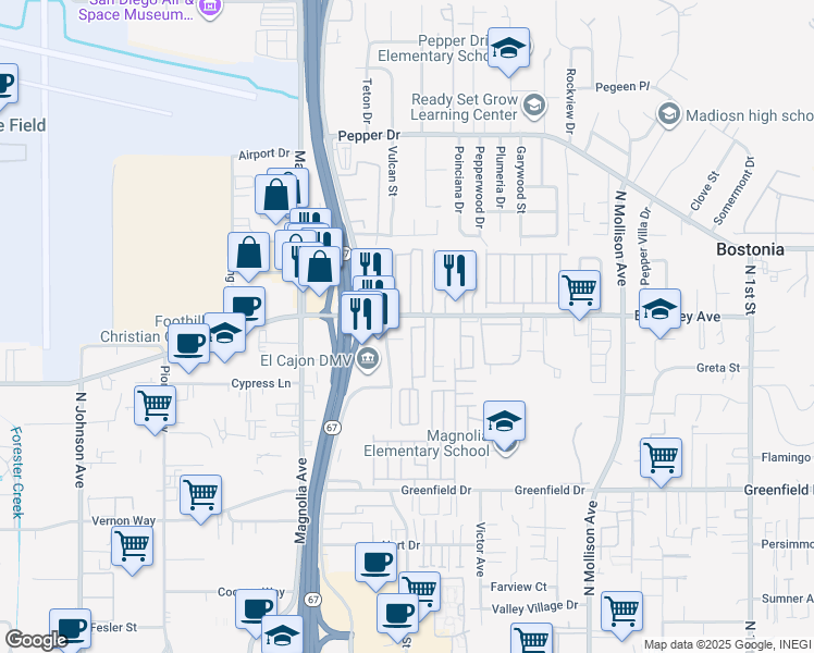 map of restaurants, bars, coffee shops, grocery stores, and more near 241 East Bradley Avenue in El Cajon