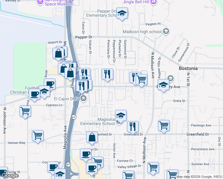 map of restaurants, bars, coffee shops, grocery stores, and more near 351 East Bradley Avenue in El Cajon