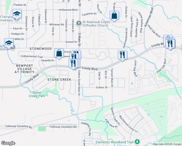 map of restaurants, bars, coffee shops, grocery stores, and more near 3813 Trinity Terrace Lane in Euless