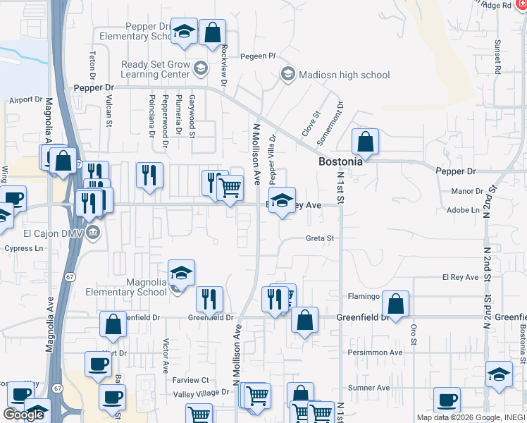 map of restaurants, bars, coffee shops, grocery stores, and more near 1693 North Mollison Avenue in El Cajon